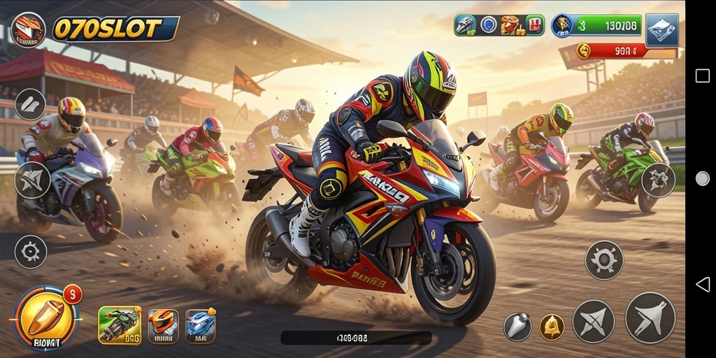Screenshot utama menampilkan aksi balapan motor yang seru di 070SLOT.