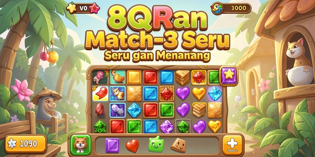 Screenshot utama menampilkan gameplay Match-3 yang penuh warna dan seru.