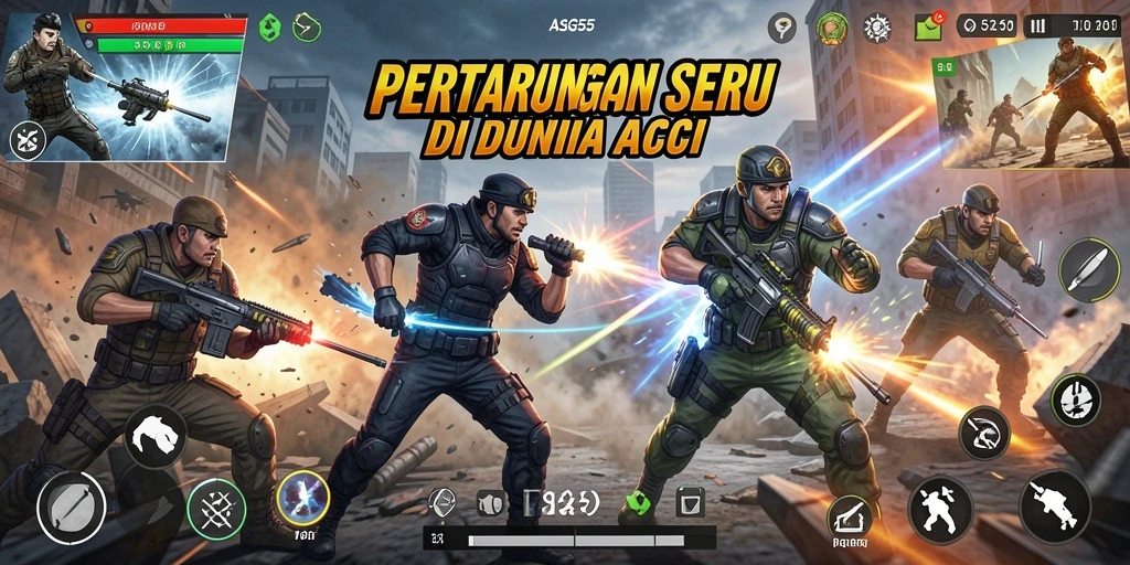 Screenshot gameplay menunjukkan karakter bertarung di arena seru.
