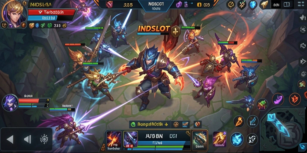 Screenshot gameplay INDSLOT yang menggambarkan aksi seru dalam pertempuran MOBA.