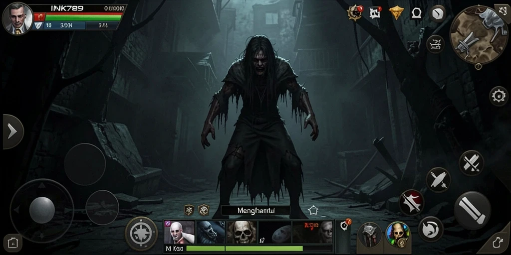 Tangkapan layar gameplay INK789 menunjukkan suasana kegelapan dan ketegangan yang mencekam.