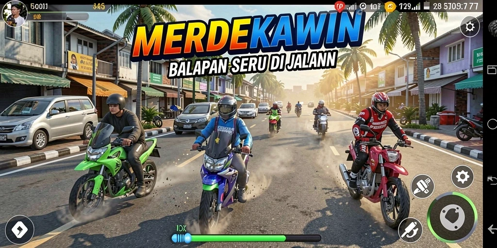 Tampilan gameplay balapan seru di MERDEKAWIN dengan grafik menawan.