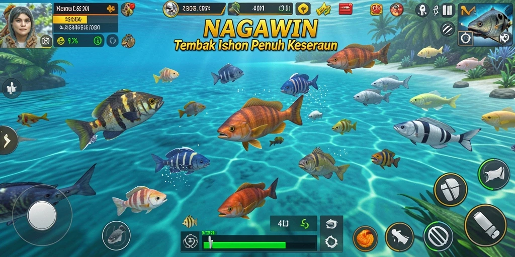 Gameplay seru NAGAWIN dengan berbagai ikan untuk ditembak.