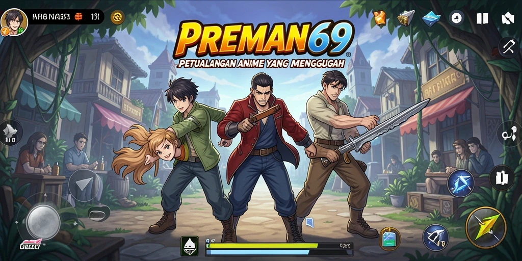 Tampilan gameplay utama PREMAN69 yang penuh aksi dan karakter anime.