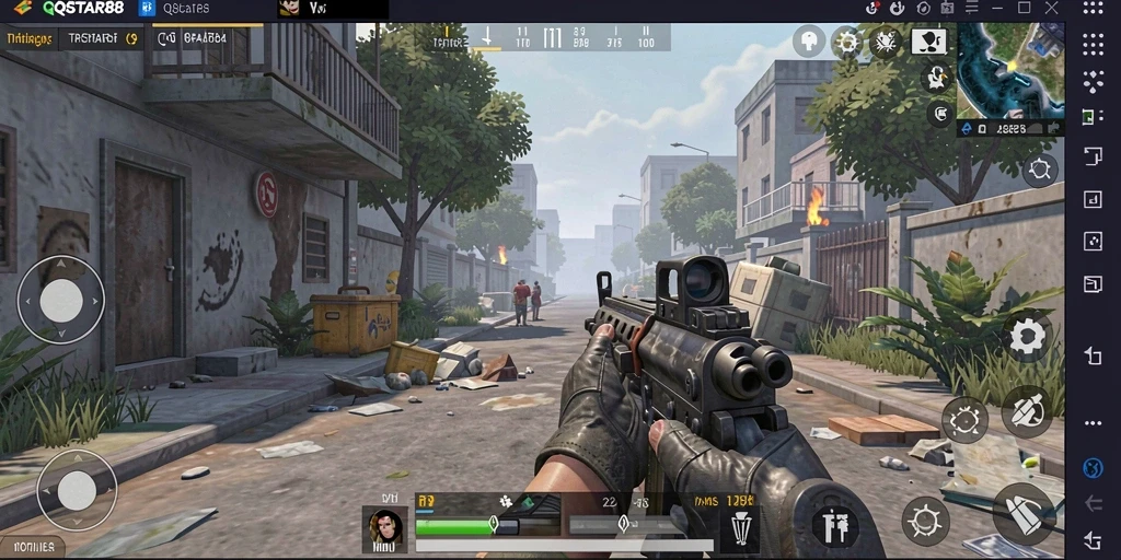 Screenshot utama QQSTAR88 menunjukkan aksi tembak-menembak seru.