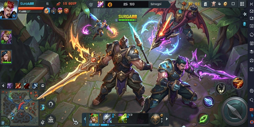 Tangkapan layar utama menunjukkan aksi intens dalam gameplay MOBA.