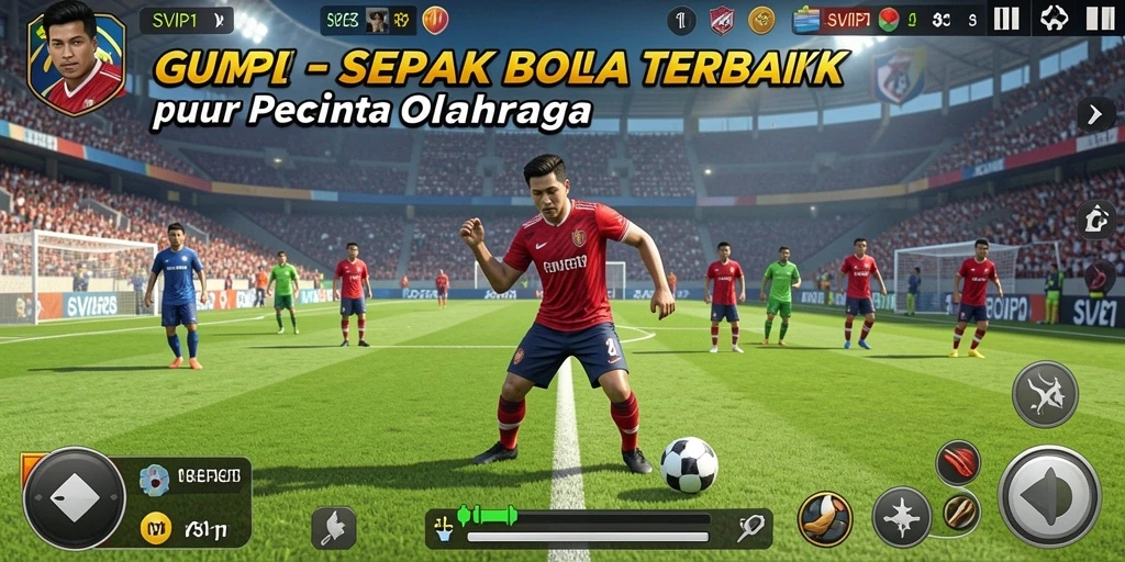 Tampilan screenshot utama yang menunjukkan aksi seru dalam gameplay sepak bola.