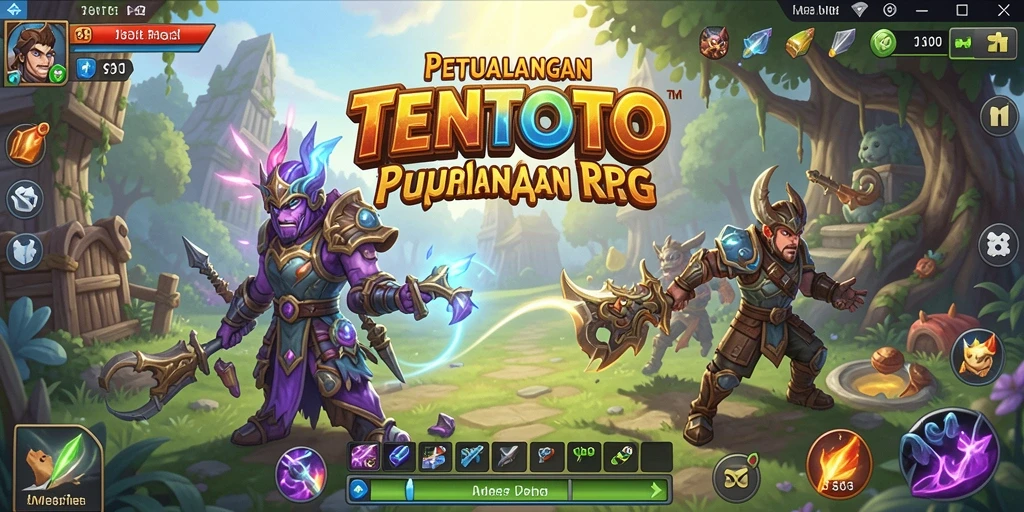 Screenshot utama TENTOTO menampilkan aksi pertempuran epik di dunia RPG.